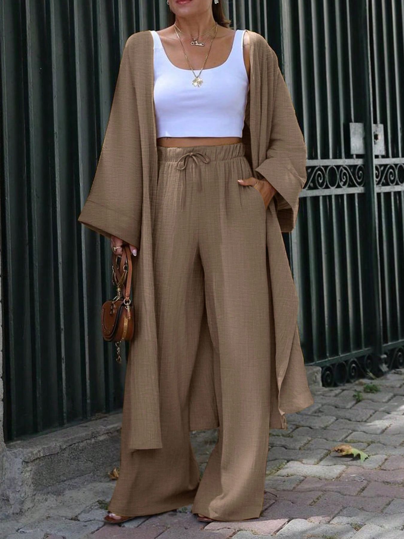 Women's Clothing new loose long cardigan top wide leg pants two piece suit_voghion.com