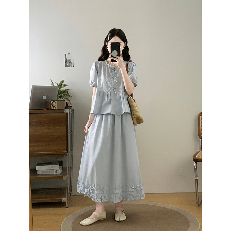 Plus Size Women's Summer Outfit Set for Chubby Girls, Light Blue Babydoll Top with Ruffled Skirt Two-Piece Set