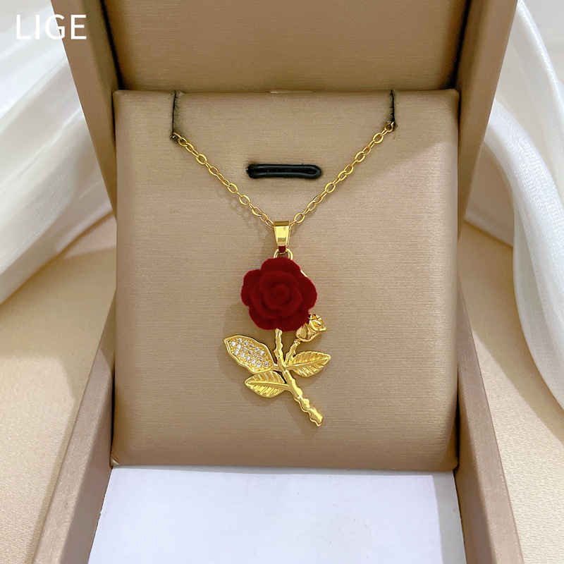 [Titanium Steel] Rose Full Diamond Light Luxury Elegant Gorgeous Full Diamond Necklace Women's All-match Clavicle Chain Titanium Steel Chain