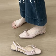 羊皮版！法式漆皮蝴蝶结包头凉鞋女配裙子方头气质后空坡跟单鞋