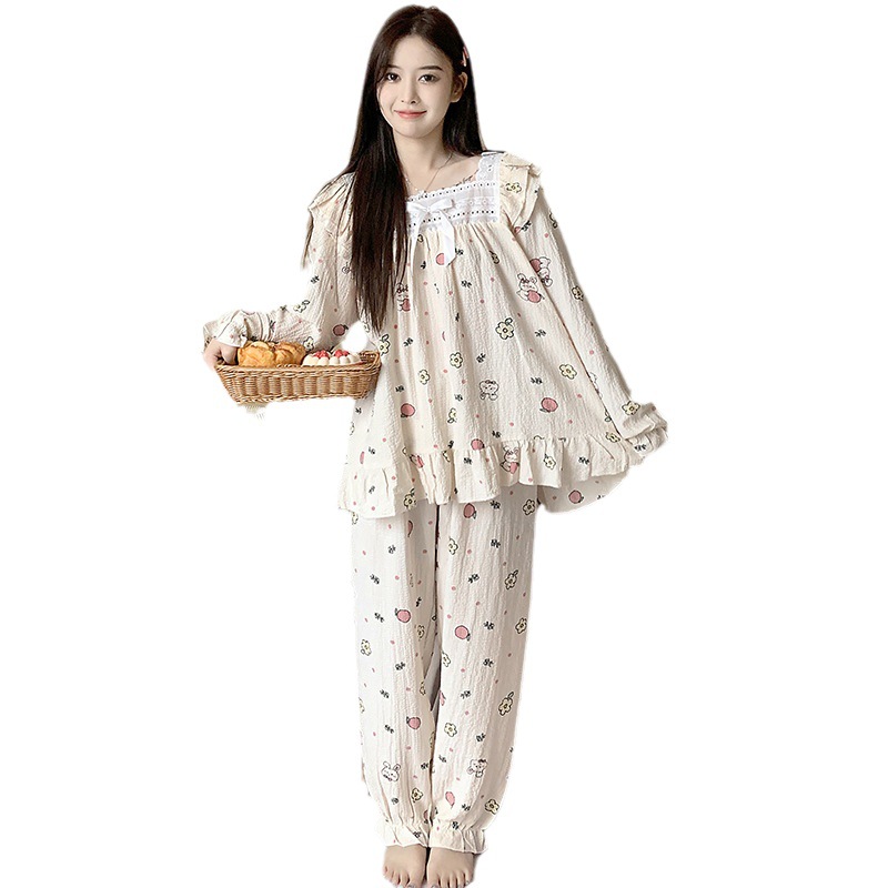 Chanel estilo ins pijamas de las mujeres tejido crepe encaje algodón Otoño e Invierno suéter manga larga dulce desgaste casero traje