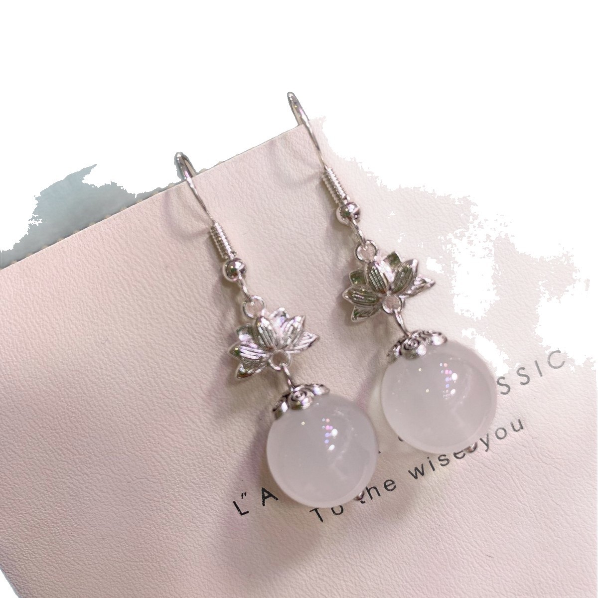 Premium White Chalcedony Round Bead Earrings Elegant Retro Style_voghion.com