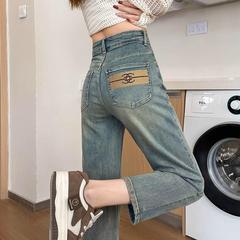 高腰刺绣八分烟管牛仔裤女2025秋秋季新款小个子九分窄版直筒裤