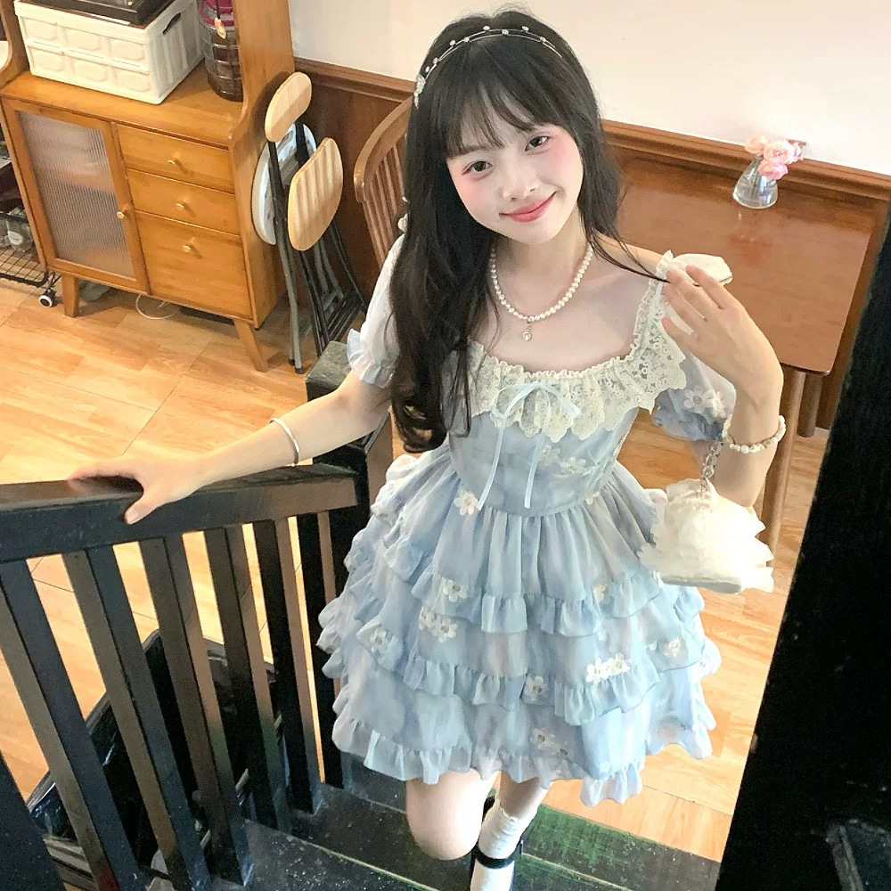 Blue Square Neck Lace Dress Summer 2025 Design Heavy Floral Tutu Skirt Girl Vacation Skirt
