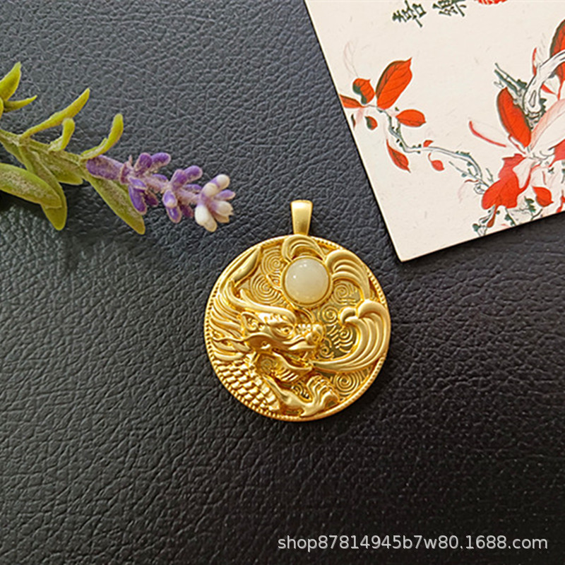 상감 된 Hetian 옥 Xiangyun Fulong 베어 펜던트 (직경 33mm)