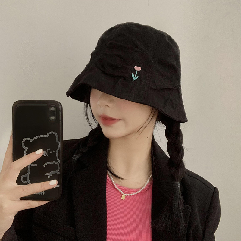 Sombrero de pescador plisado de flores para mujeres primavera y verano estilo japonés circunferencia de la cabeza grande sombrero de cubo a prueba de sol sombrero pequeño de aspecto facial