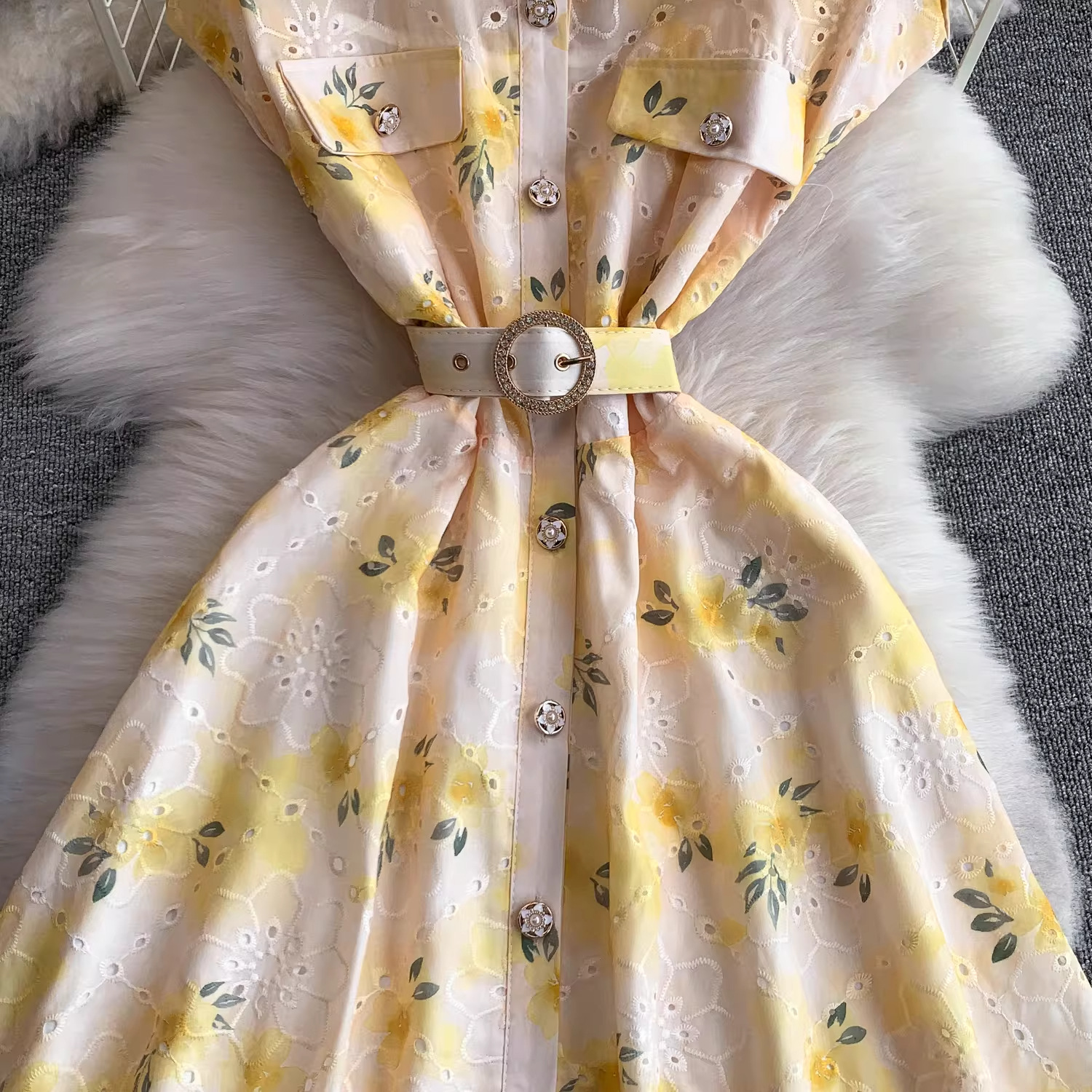 Youthful French Style Embroidered Print Dress With Raglan Sleeves Button Down Waist Cinching Long Light Luxury Summer Dress_ecoleips.com