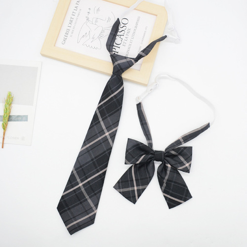 JK tie for women, Korean version, Japanese style, college style, smoke gray plaid, hand-made school uniform, student uniform, knot-free tie flower trend