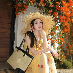 フレンチ V ネック黄色の花柄サスペンダードレス女性の夏の気質ウエスト痩身ドーパミン甘いロングスカート