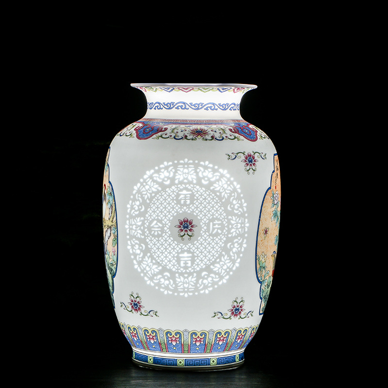 青花粉彩玲珑花瓶 景德镇仿古中式陶瓷摆件 瓷器客厅家居工艺品