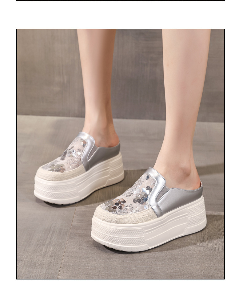 Giày sneaker nữ đế dày tăng chiều cao, kiểu lười một chân, mũi trùm, phối sequin, mùa hè 2026 — màu vàng, bạc chi tiết 13