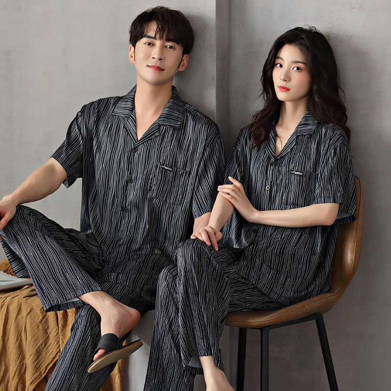 High-end Couple Pajamas Ice Silk Summer Thin Short-sleeved Pants Suit Imitation Silk Men's and Women's Home Clothes