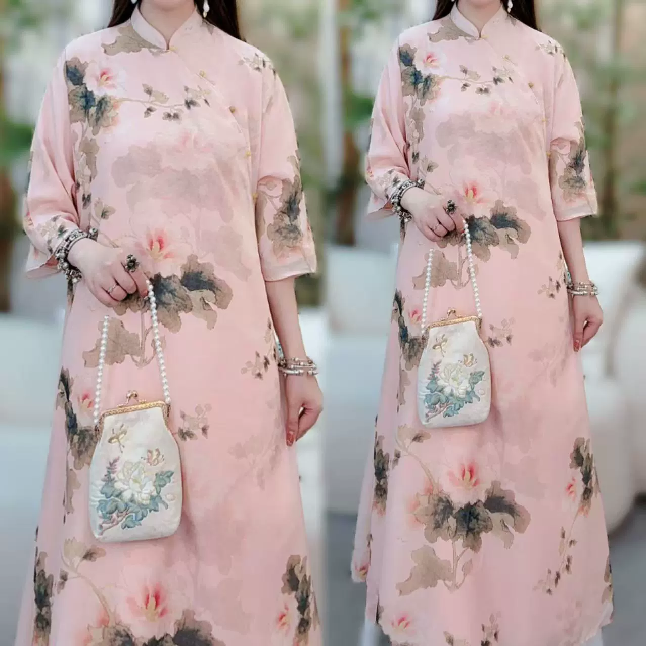 Лето 2025, новый китайский стиль, Cheongsam Han Dynasty, древний костюм, платье с короткими рукавами, пруд с лотосом, лунный свет, большая свободная длинная юбка