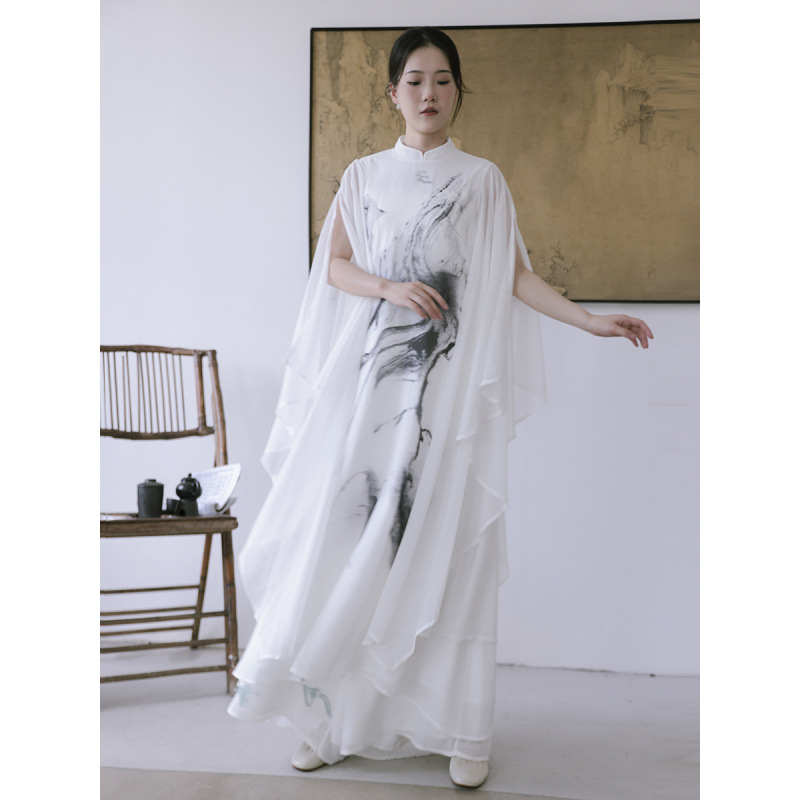 2025秋季新款复古中国风改良禅意茶服禅舞服水墨印花立领连衣裙女