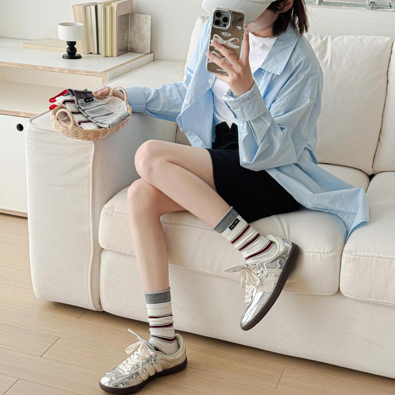MIU系袜子女堆堆袜条纹布标女中筒袜7A抗菌春秋百搭一体无骨缝头|undefined