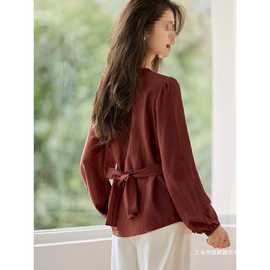 沫晗依美2025春季新款法式扭结交叉收腰领复古长袖衬衫女