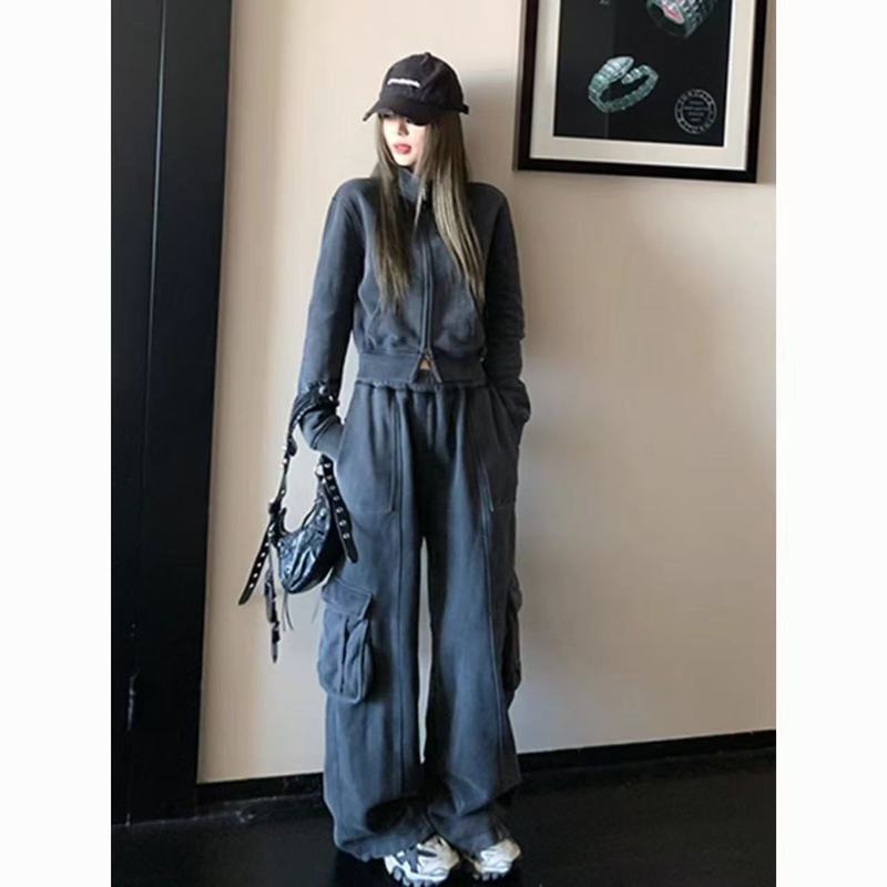美式辣妹休闲运动套装女秋季时尚高级感工装卫衣阔腿裤宽松两件套|undefined
