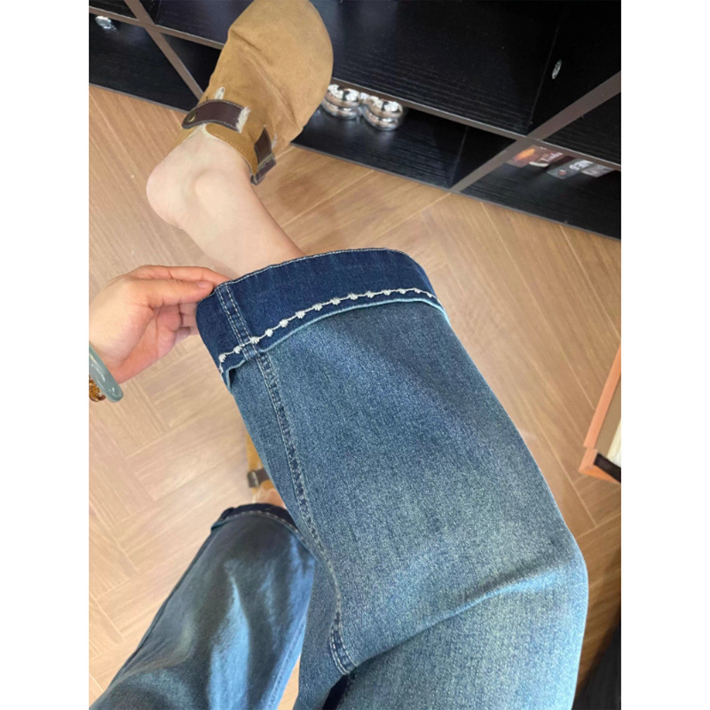 Blue Cropped Straight-Leg Jeans for Women 2025 New Autumn Plus Size High-Waisted Slimming Stretchy Cigarette Pants