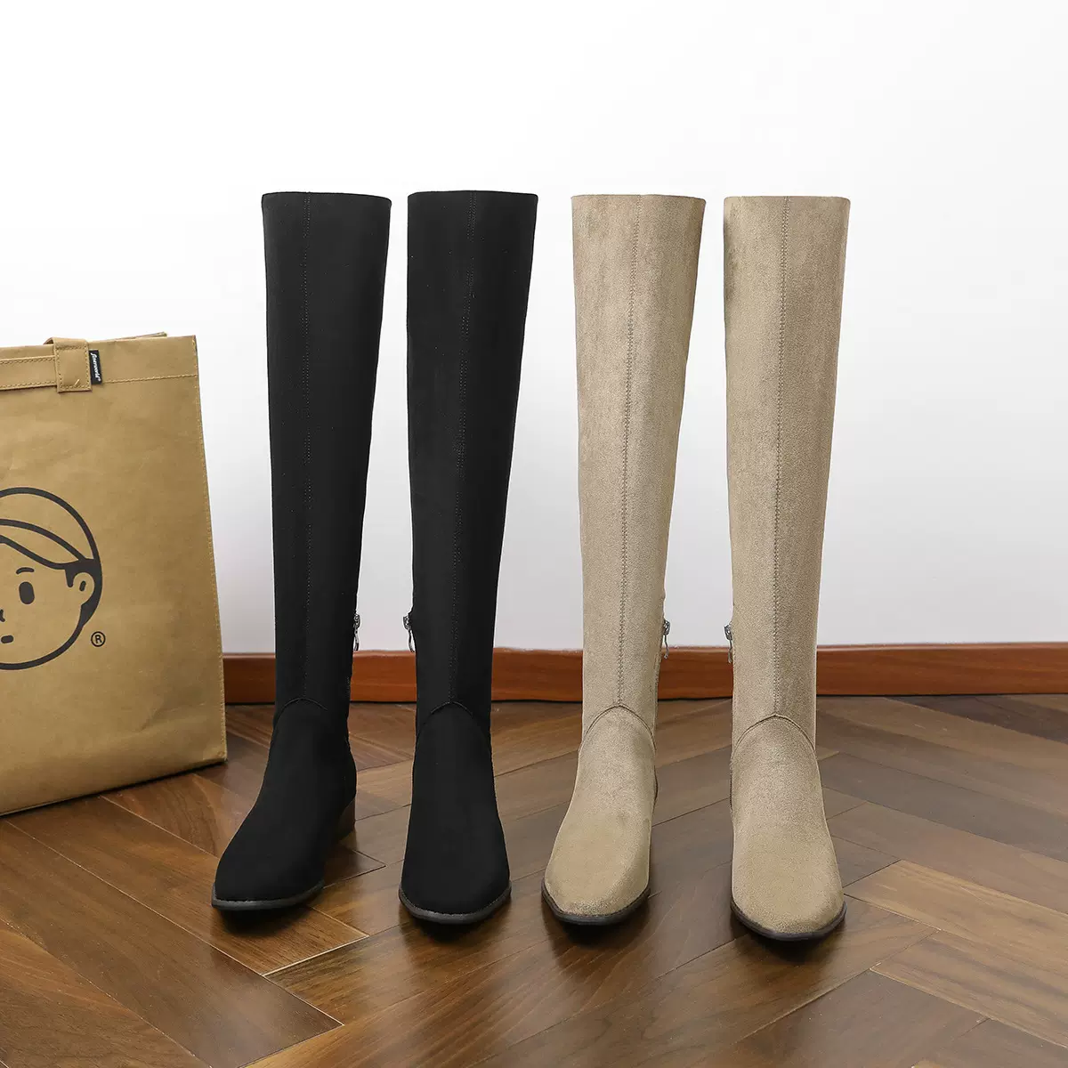 牛皮版~绒-皮褶皱复古粗跟小方头长靴女堆堆靴西部牛仔靴骑士靴瘦