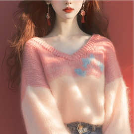多巴胺粉色针织衫女2026冬季宽松慵懒高级感时髦洋气套头内搭毛衣