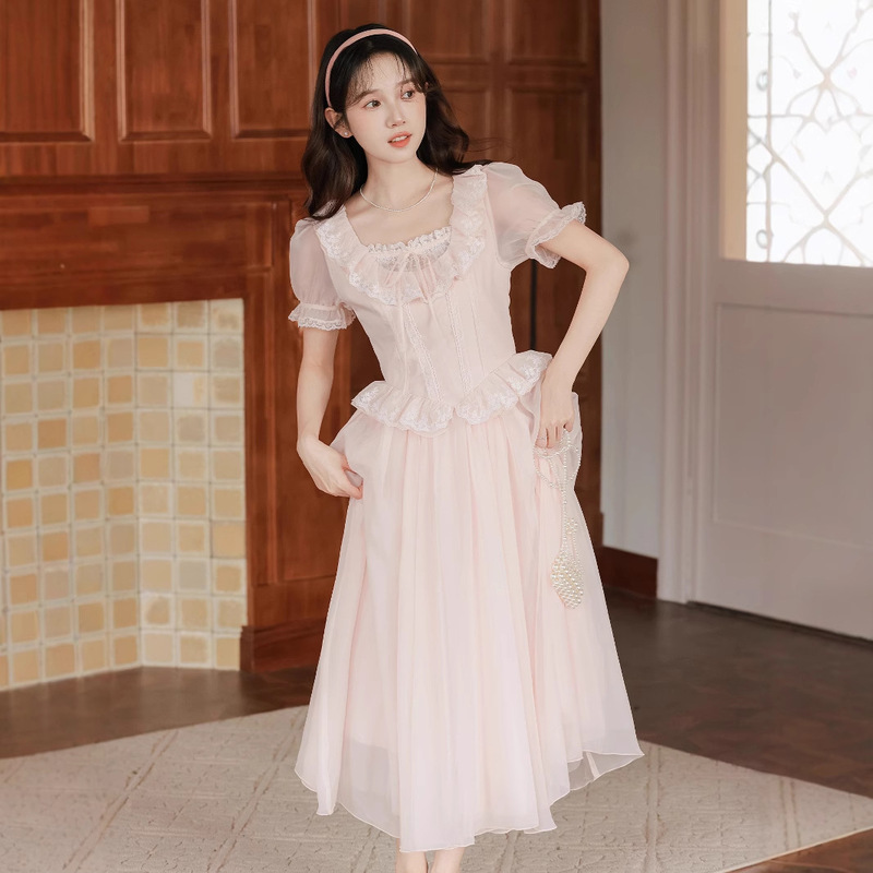 Women's Clothing 2026 Summer New French Style Girl's Heavy Lace Long Dress Princess Style Puff Sleeve Dress