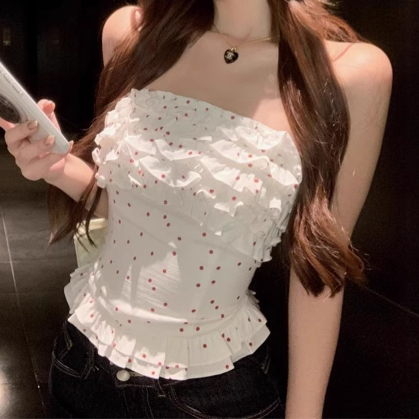 女性用耳介水玉模様の美しいバックチューブトップ、夏用スリムウエストノースリーブアウターウェアホワイトショートスイート＆スパイシートップ|undefined