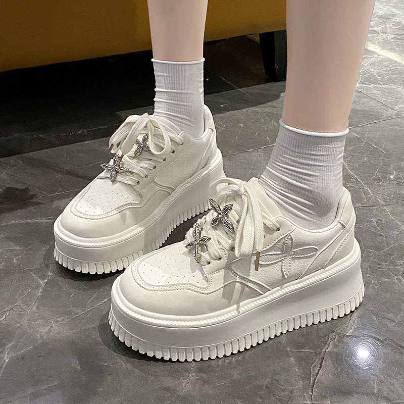 Thick-soled small white shoes women's 2025 spring new fashion versatile breathable rhinestone heightening casual skate shoes
