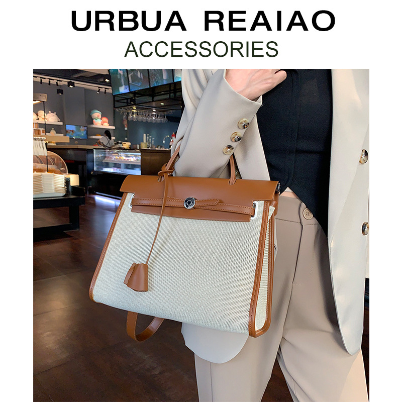 Túi tote canvas Kelly nữ phối màu tương phản, dung tích lớn, đeo chéo/vai — Kích thước lớn màu nâu và trắng, Kích thước lớn màu đen và trắng, Màu nâu cỡ lớn, Màu đen, kích thước lớn