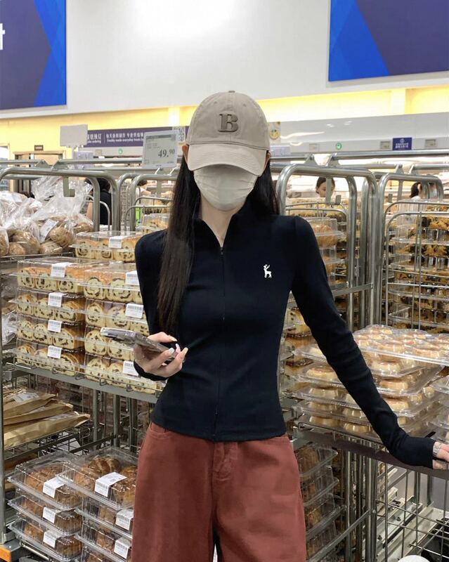 美式设计感半高领双拉链开衫女秋新款刺绣百搭修身显瘦外穿上衣潮|undefined