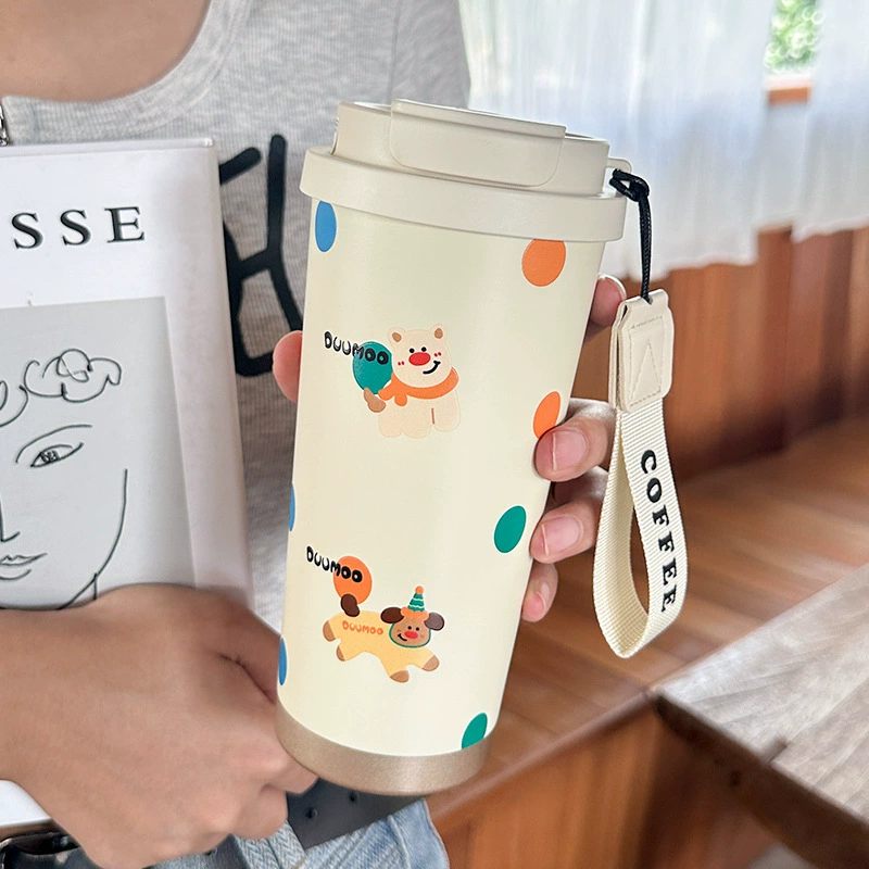 Portable Coffee Tumbler, glass & stainless steel travel mug, 500 ml, cute pattern strap gift