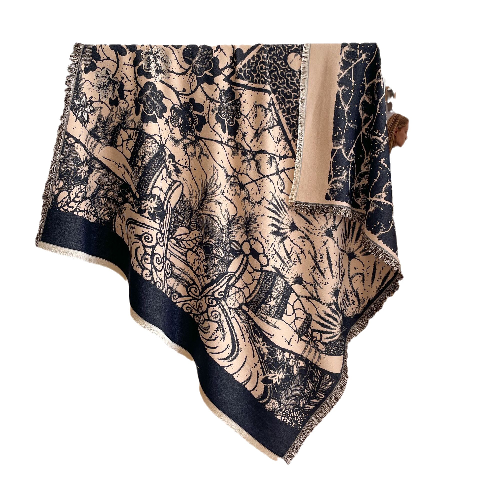 Cashmere-like moda todo-fósforo bufanda planta flor impresión barba corta borla chal Otoño e Invierno engrosada bufanda caliente para las mujeres