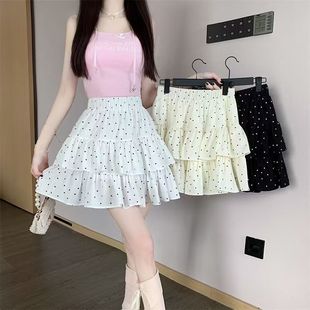 跨境 波點蛋糕半身裙女夏季松緊小個子高腰顯瘦a字芭蕾風蓬蓬短裙