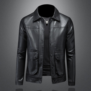 European Station Autumn and Winter 2024 New Men's Lapel Motorcycle Leather Jacket Trendy Handsome Fashion Jacket Top Trendy