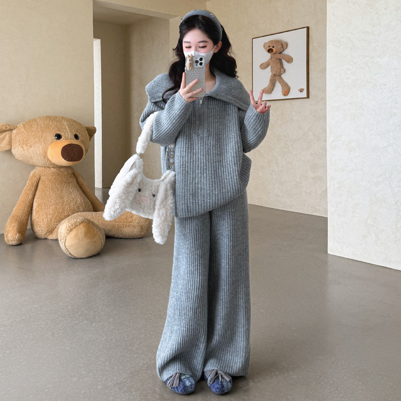 孕妇装棉马甲毛衣秋软糯亲肤拉链时尚翻领毛衣休闲款时尚宽松套装|undefined