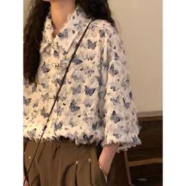 跨境外贸一件代发别致蝴蝶短袖衬衫外套女夏设计感衬衣上衣女