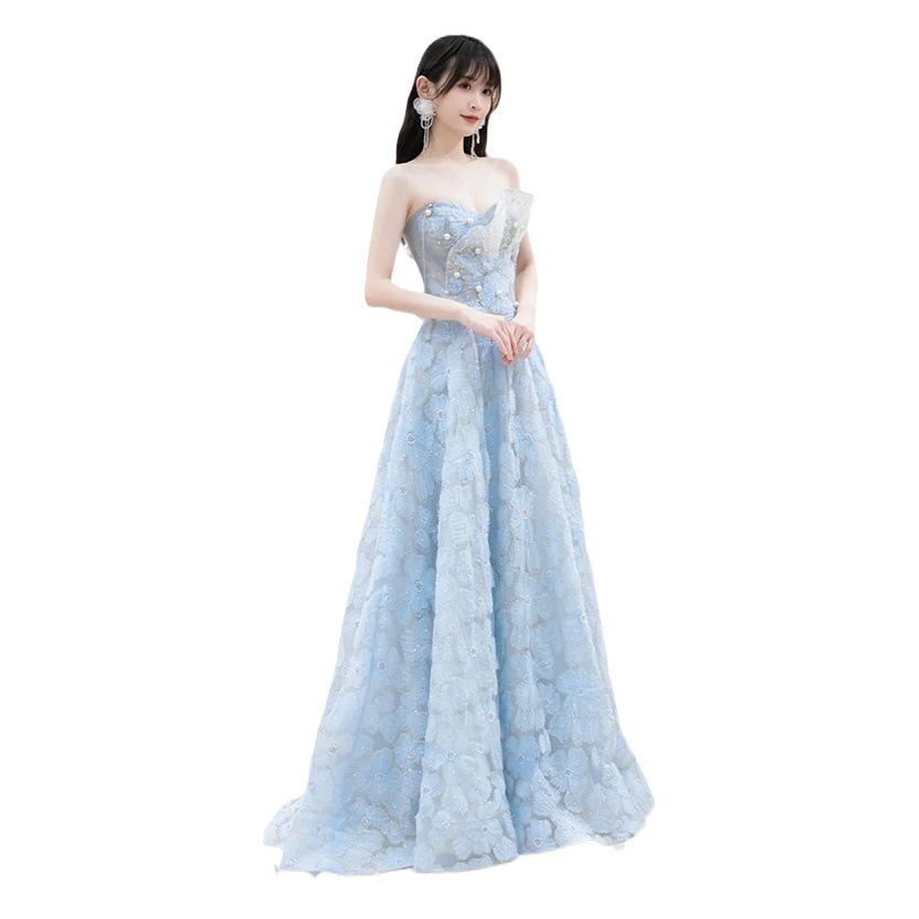 Vestido de Noche Azul Claro de Lujo sin Tirantes, Otoño 2025, Nuevo Estilo de Moda, Vestido de Presentadora de Pasarela