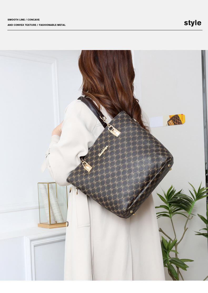 Polyester Cotton Lining Material Women's Pu Leather Monogram Classic Style Bucket Zipper Bag Sets