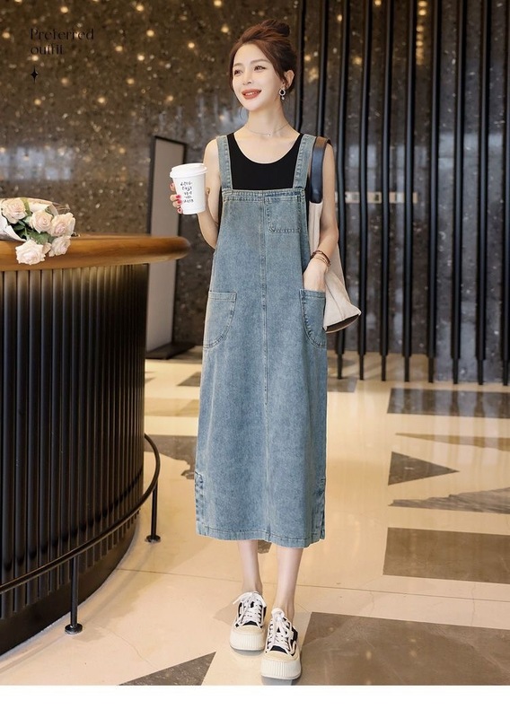 レトロなデニムの背もたれのスカートの夏の新型の女性のゆるいまっすぐな筒はやせている小さい大衆の中で長いタイプのa字のガーターのワンピースを現します。|undefined