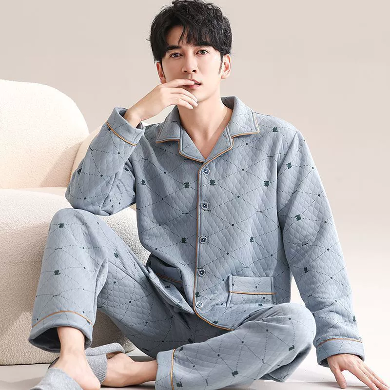 Осенний и зимний воздушный хлопок мезонинный пижама для мужчин утолщение