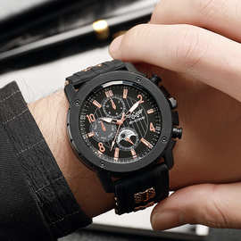 新款跨境欧美风男士大气简约假三眼硅胶表带手表男款石英手表