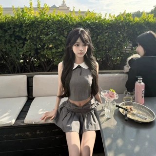 韩系甜辣气质套装女夏季2026新款娃娃领无袖上衣蝴蝶结短裙两件套