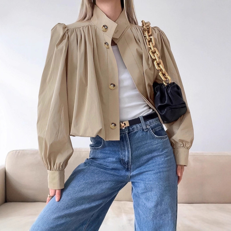 Autumn 2025 New Cross-Border British Style Short Pleated Loose Stand Collar Puff Sleeve Khaki Windbreaker Jacket for Women