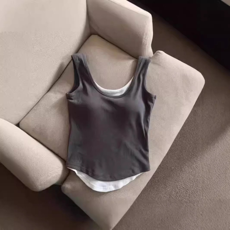 Fake Two-Piece Sports Camisole Women's Inner Wear with Breast Pads, Summer Design, Niche Outer Wear, Breast-Covering Sleeveless Top