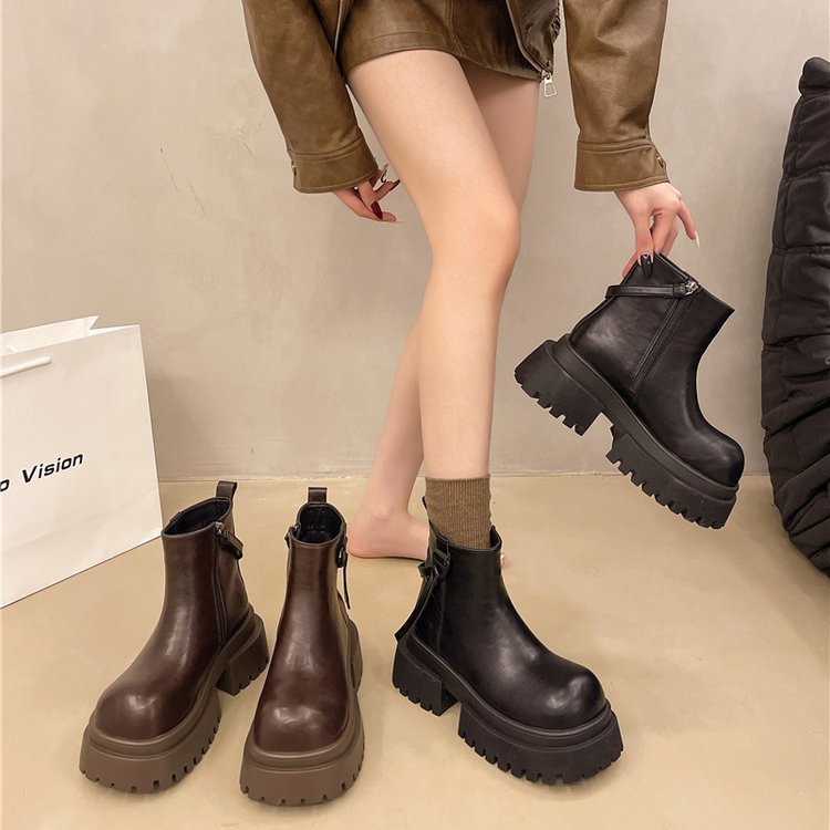 Thick-Soled Boots for Women 2025 Autumn and Winter New Retro Thick Heel Side Zipper Short Boots Sexy Style Slim Chelsea Boots