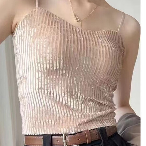 Live Stream Gold Velvet Women's Fixed Cup Bra with Adjustable Shoulder Straps, Plain Color Slimming Tank Top for Women
