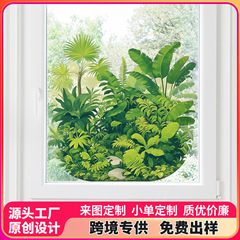跨境新款热带绿色叶子花卉静电贴阳台卧室厨房居家装饰窗花批发