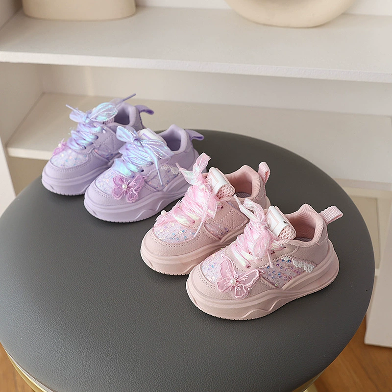 Обувь для девочек Весенняя модель 2025 новая иностранная обувь для папы детская сетка спортивная обувь с бантом для бега со стразами