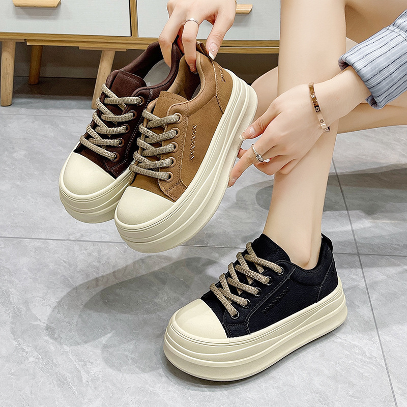 Women's Shoes Autumn and Winter Thick-Soled Height-Increasing Sneakers Leather Waterproof Bread Shoes Retro Versatile Foot-Showing Small Sports Casual Shoes for Women