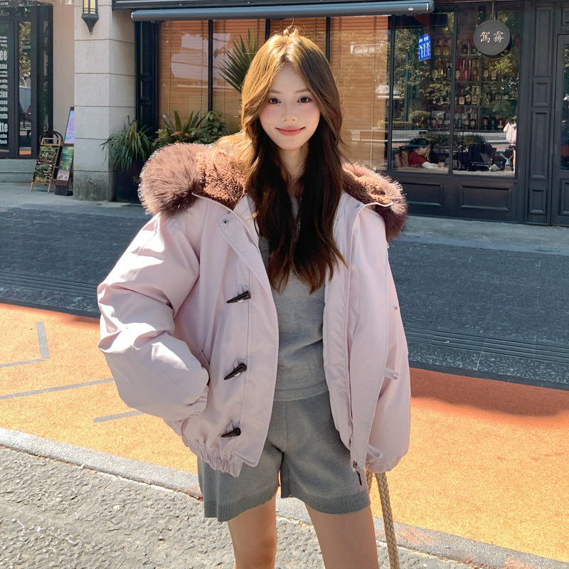 Foreign Trade Toggle Button Large Fur Collar 2026 Winter New Style Women's Hooded Parka Cotton Jacket Thickened Coat