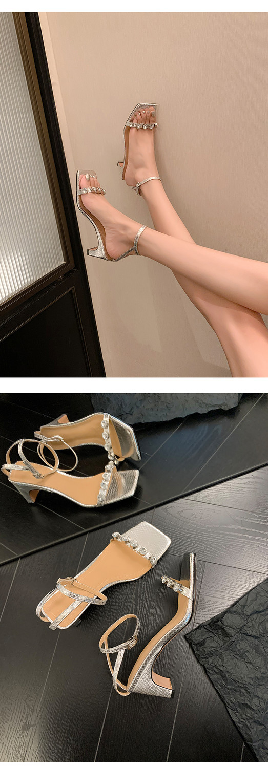 Sandal nữ quai ngang mũi vuông gót vuông đính đá rhinestone mùa hè 2025 — Màu đen, Màu trắng, Màu bạc chi tiết 7